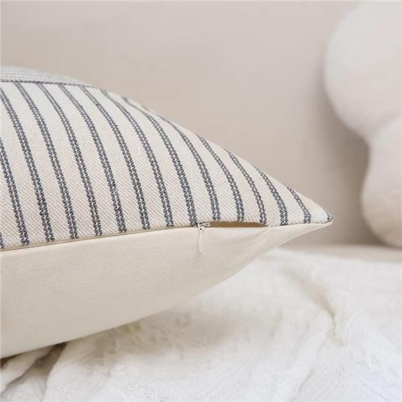 Grey & Beige Patchwork Farmhouse Throw Pillow Covers 18x18 Inch,Pack of 2Striped - Picture 3 of 8